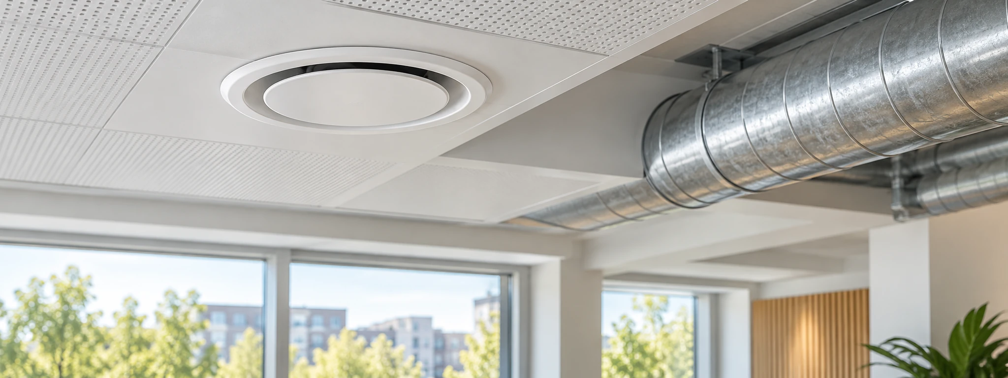 Illustration av ett ventilationsdon och ventilationskanaler i en ljus lokal